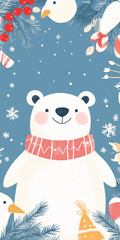 Cute Christmas Background with Polar Bears and Penguins: Festive scarves and a light-blue text area