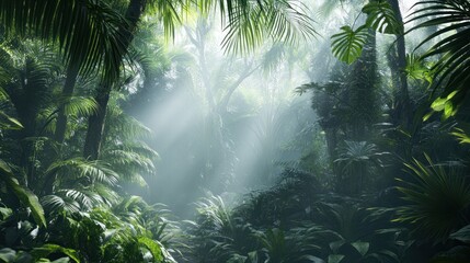 Obraz premium Tropical foliage in a rare plant sanctuary with misty ambiance and rare plants