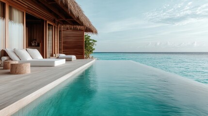 A luxurious tropical infinity pool with minimalist design overlooks the endless ocean horizon, offering tranquility and a sense of infinite possibilities.