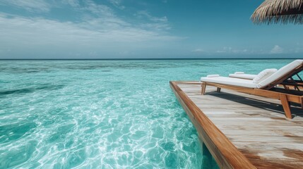 A secluded decking at a seaside retreat features a comfortable sunbed beside crystal-clear waters, creating a serene atmosphere perfect for relaxation.