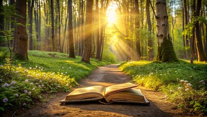 Golden Rays of Dawn Illuminate a Path Leading to an Open Book in a Verdant Forest