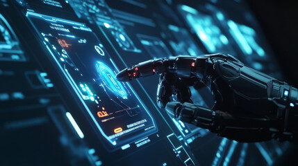 A robotic mechanical arm or hand pressing its index finger on a button within a virtual holographic interface (HUD) displayed on a touch screen. The scene highlights the seamless interaction between a