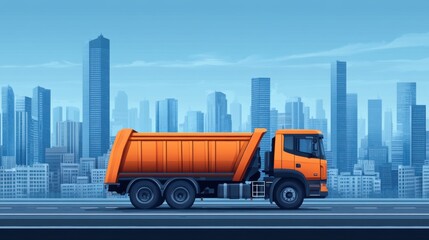 Naklejka premium Bright Orange Dump Truck Traveling through Modern Cityscape with High-Rise Buildings