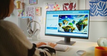 Back view of girl typing prompt in artificial intelligence chatbot on computer. AI video generator creates detailed video of surreal world with floating islands. Advanced AI generated video creation.