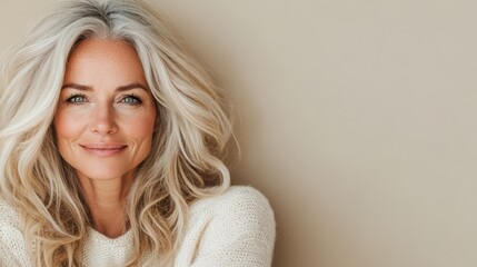 Fototapeta premium A serene older woman with long, flowing gray hair and a peaceful smile, captured in soft lighting that accentuates her natural beauty and calm demeanor.