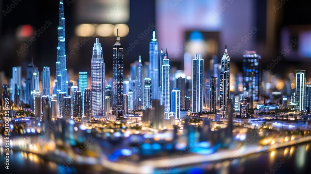 Poster a close-up shot of a model city skyline, showcasing a cluster of tall buildings with vibrant blue li