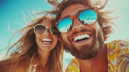 A joyful couple smiles widely while wearing sunglasses on a bright beach day, capturing the essence of summer fun and carefree leisure in a vibrant setting.