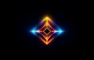 A glowing diamond-shaped geometric design in vibrant blue, orange, and red hues against a dark background.