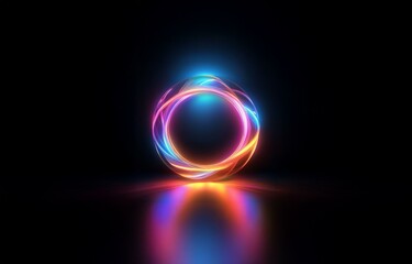 A glowing neon circle, with vibrant blue, orange, and pink light trails, floats against a black background.
