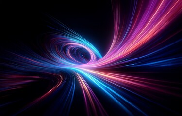Abstract  background of glowing lines swirling in a vortex with shades of purple, pink, and blue.