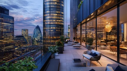 Obraz premium A luxurious outdoor patio with stunning city views at night.