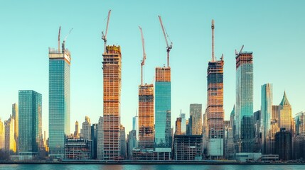 Fototapeta premium Urban skyline with a mix of completed skyscrapers and buildings under construction, capturing the growth of the city