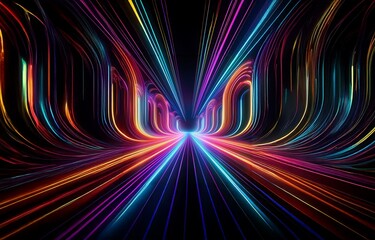 Abstract background with a pathway lined with curved neon lights of various colors.