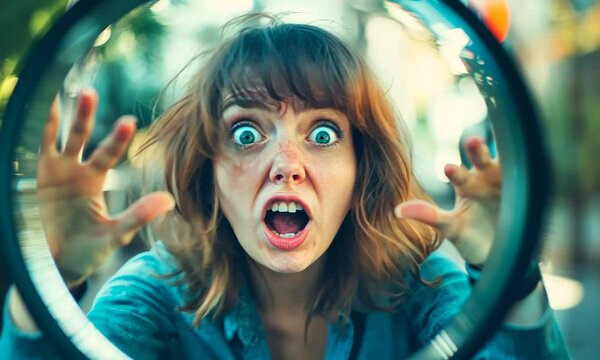 A young woman with wide eyes and an open mouth screams in fear, looking at the camera, with her hands outstretched as if trying to push something away.  She is seen through a circular window or lens.