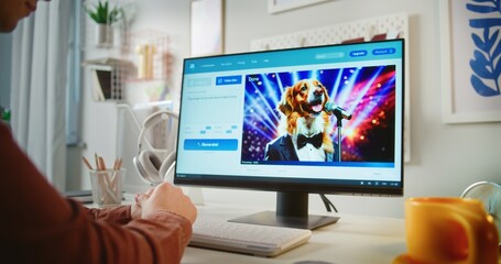 Young man enters prompt in artificial intelligence chatbot app on PC. Advanced AI video generator...