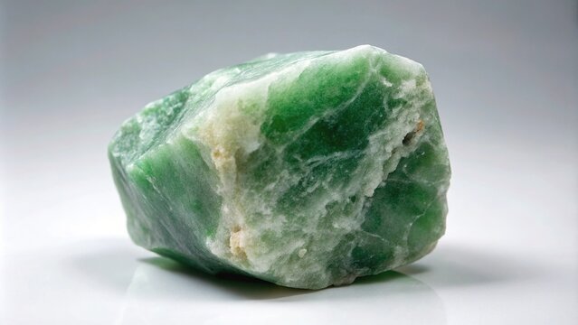 Large raw jade stone with forced perspective isolated on white gray background