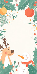 Funny Christmas Background with Reindeer and Snowmen: Playful holiday characters and Christmas lights with ample space for greetings