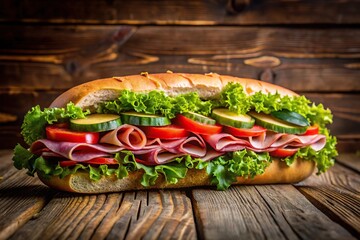 Large submarine sandwich on wooden table created by Symmetrical