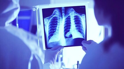 Doctor carefully examines X-ray film of patient's lungs, identifying COVID-19 complications, with medical instruments and charts in the background.