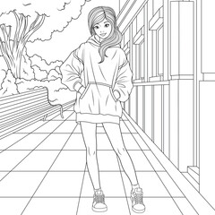Vector illustration, cute girl in stylish clothes on the street, book coloring.