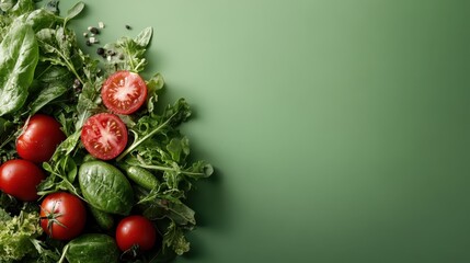 A collection of fresh assorted greens and tomatoes are artistically arranged on a vibrant green backdrop, symbolizing health, freshness, and a bountiful harvest.