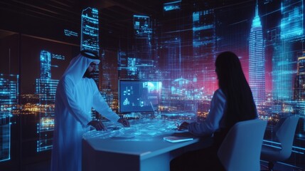 Two professionals engage in a strategic discussion, analyzing digital data projections in a modern workspace. The city lights outside create a vibrant backdrop, enhancing the high-tech atmosphere.