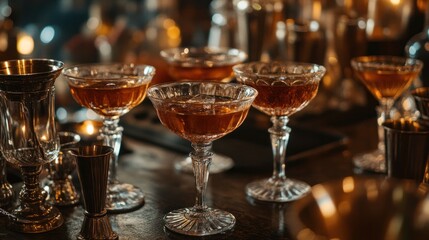 Vintage cocktail revival, depicting a classic speakeasy setting with drinks like Sidecars, Old Fashioneds, and Negronis, served in vintage glassware