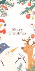 Fototapeta premium Christmas Fun with Cartoon Reindeer and Snowmen: Light center for copy space, Merry Christmas Greetings