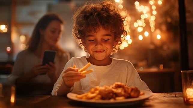 A young boy is delightfully eating fries and fried chicken in a warmly lit space, with a caretaker nearby using a smartphone under a soft, festive ambiance. - Powered by Adobe