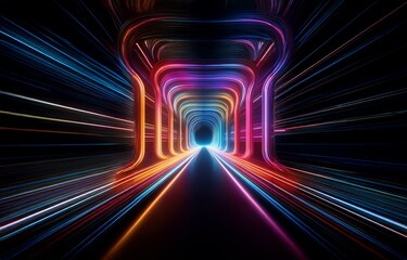 A dark background with a tunnel constructed of neon lights and a glowing, colorful path extending towards a vanishing point.