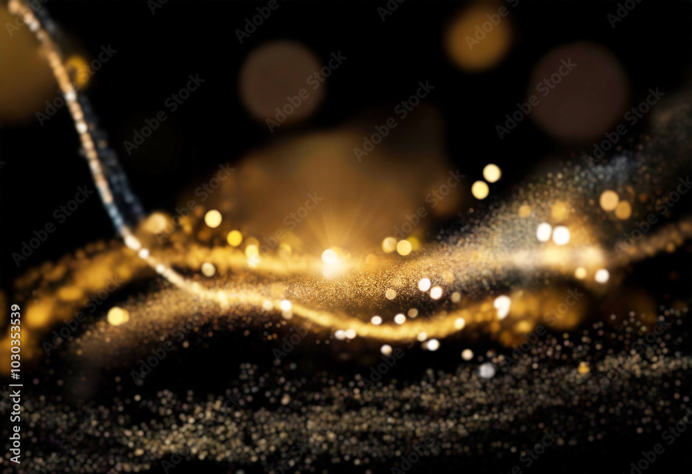 Poster Golden glitter and bokeh lights illuminate a dark background, creating a shimmering and festive atmosphere.
