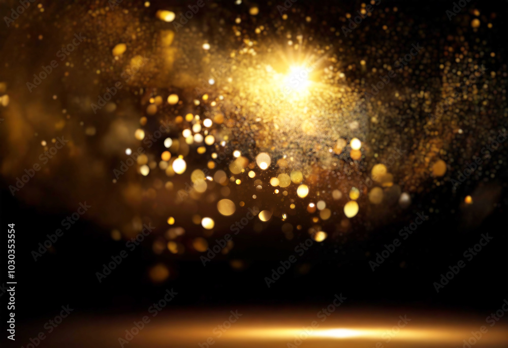 Poster a black background with a bright golden light source. the light creates a glow and bokeh effect, mak