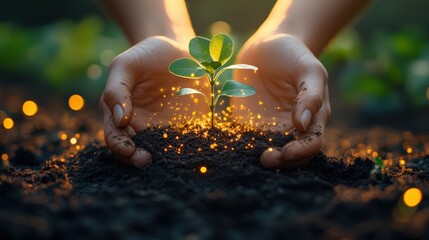 Fototapeta premium Hands holding soil with a young tree, illuminated by sunlight rays and sparks