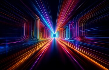 Abstract colorful neon light lines converging into a tunnel.