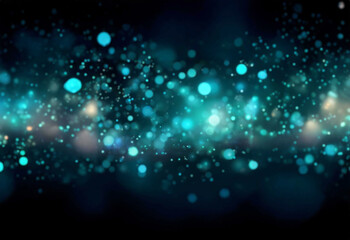 Abstract background with blurred bokeh lights of various sizes in teal and blue hues against a dark background.