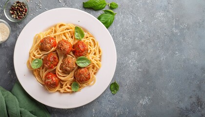 Delicious Spaghetti with Meatballs in a Plate on Concrete