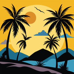 A cartoon drawing of palm trees and a sunset with a sun and mountains in the background.
