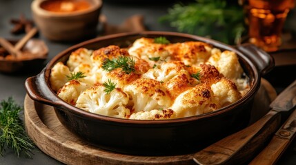Roasted cauliflower is beautifully golden and brown, served in a dark brown ceramic dish, seasoned and garnished with fresh herbs, ready to enjoy at the table.