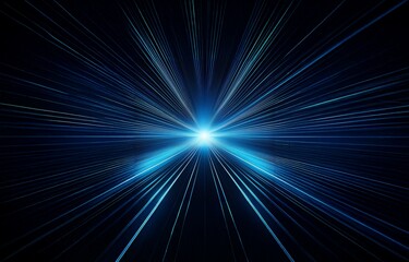 Abstract image of glowing blue lines converging towards a bright light in the center against a black background.
