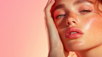 A close-up image of a woman with freckles, touching her face with her hand, against a warm reddish gradient background showing detail and natural beauty.