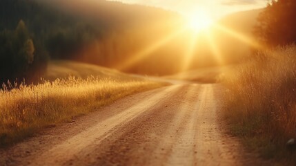A gently sloping country road enveloped in the warm embrace of the setting sun, casting a golden glow on the surrounding fields and evoking a sense of nostalgia.