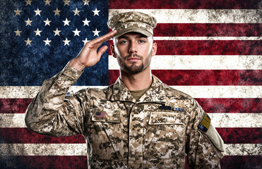 American soldier saluting in front of usa flag