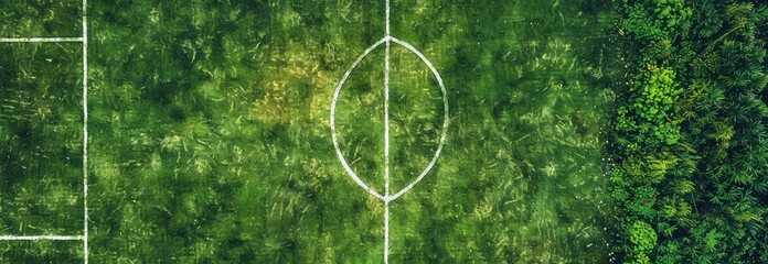 A white line on the green grass of an outdoor football field, top view, high resolution photography, high quality photo