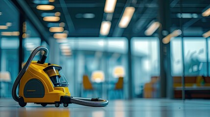 Fototapeta premium A yellow vacuum cleaner sits on the floor of an office in the style of VacPPa. Cleaning equipment is in focus with blurred large windows and a modern interior design in the background.
