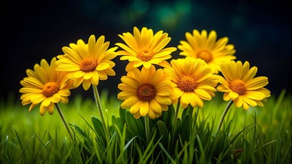 A vibrant cluster of yellow wildflowers basking in the sunlight, their delicate petals contrasting against the lush green grass, a symbol of nature's beauty and resilience.