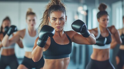 Women boxing fitness class, a group of diverse women participating in a high-energy boxing workout in a modern studio