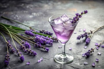 Lavender cocktail with ice and fresh lavender flowers on gray background Panoramic