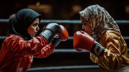 Women boxing in hijab, showcasing the power and strength of female fighters while respecting cultural attire