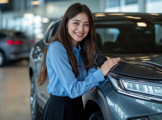 Happy saleswoman touching a car in a dealership store