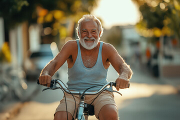 Fototapeta premium Happy senior man riding a bicycle on the street.